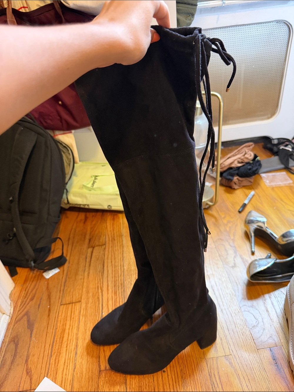 Steve Madden Suede Black Over-the-Knee Lace-Up Thigh High Block Heel Boots